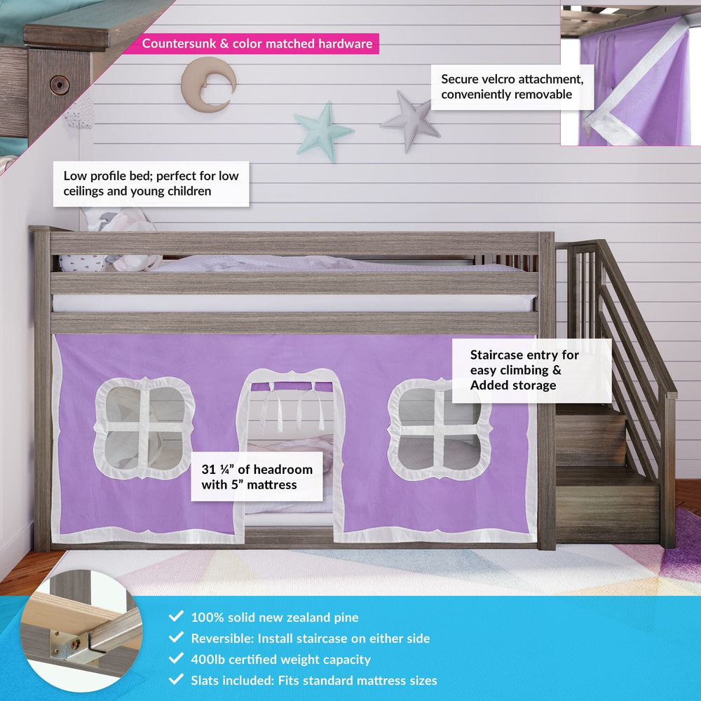 Max and Lily Twin Over Twin Low Bunk Bed With Staircase & Curtain in Clay Purple/White - annotated feature callouts noting the low-profile design, staircase entry with storage, velcro-attached curtain, and 400lb weight capacity.