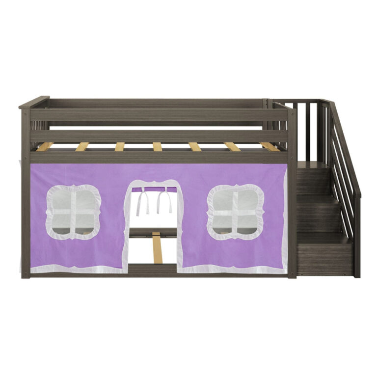 Max And Lily Twin Over Twin Low Bunk Bed With Staircase Curtain Clay Purple White Front View Max and Lily Twin Over Twin Low Bunk Bed With Staircase & Curtain in Clay Purple/White - front view showing the purple and white curtain windows and stair rail.