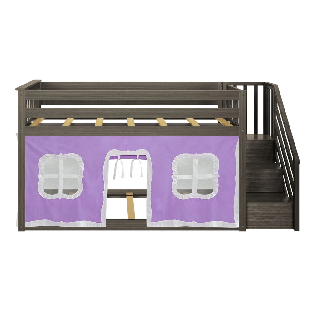 Max and Lily Twin Over Twin Low Bunk Bed With Staircase & Curtain in Clay Purple/White - front view showing the purple and white curtain windows and stair rail.
