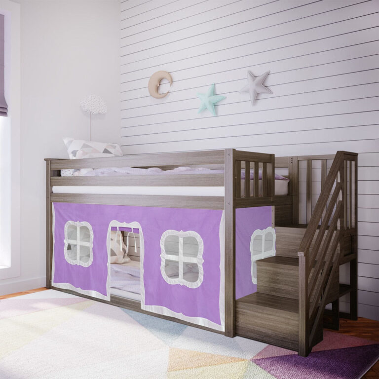 Max And Lily Twin Over Twin Low Bunk Bed With Staircase Curtain Clay Purple White Room Scene Max and Lily Twin Over Twin Low Bunk Bed With Staircase & Curtain in Clay Purple/White - styled in a child's bedroom with the purple and white castle curtain, side staircase, and star wall decorations.