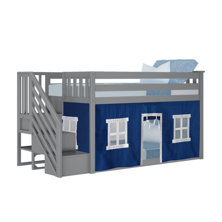 Max And Lily Twin Over Twin Low Bunk Bed With Staircase Curtain Grey Blue White Angle View 3 Max and Lily Twin Over Twin Low Bunk Bed With Staircase & Curtain in Grey Blue/White - angled view showing the staircase and the blue playhouse curtain with white-framed windows.