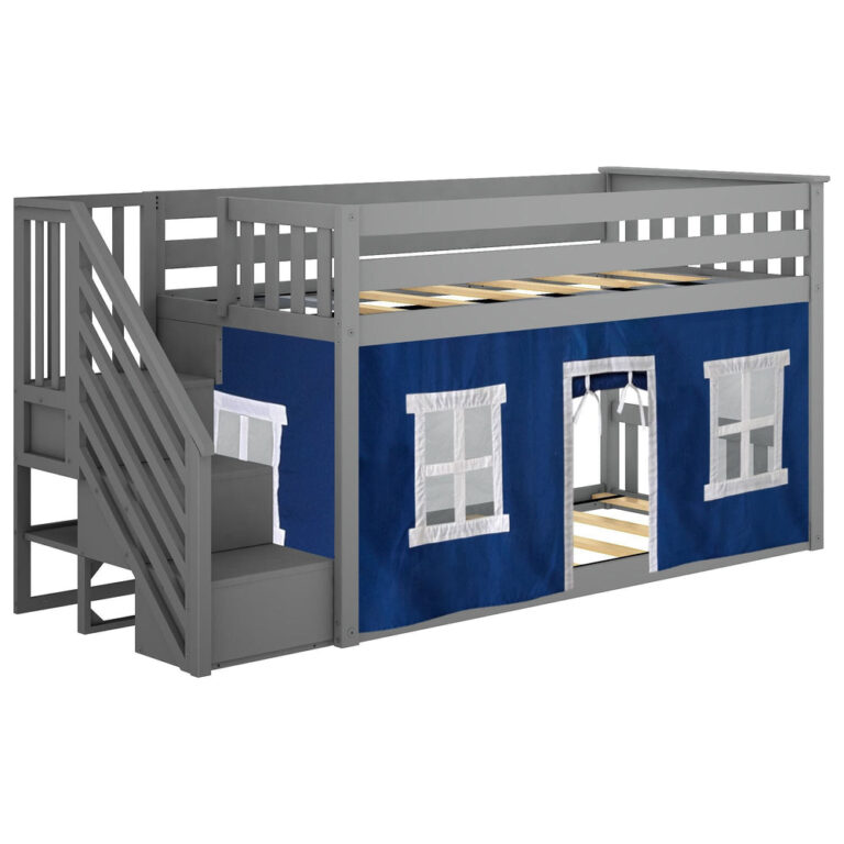 Max And Lily Twin Over Twin Low Bunk Bed With Staircase Curtain Grey Blue White Angle View 4 Max and Lily Twin Over Twin Low Bunk Bed With Staircase & Curtain in Grey Blue/White - angled view showing the wooden support slats, staircase and blue playhouse curtain.