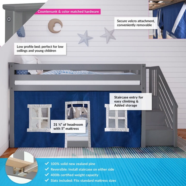 Max And Lily Twin Over Twin Low Bunk Bed With Staircase Curtain Grey Blue White Features Overview Max and Lily Twin Over Twin Low Bunk Bed With Staircase & Curtain in Grey Blue/White - labeled callouts highlighting the low-profile frame, removable velcro curtain, staircase entry with storage and 31 inch headroom.