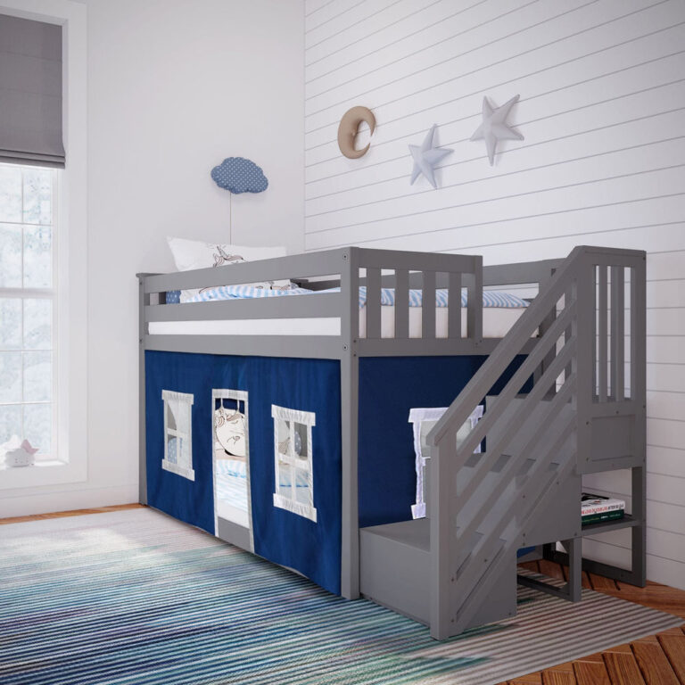Max And Lily Twin Over Twin Low Bunk Bed With Staircase Curtain Grey Blue White Room Scene Max and Lily Twin Over Twin Low Bunk Bed With Staircase & Curtain in Grey Blue/White - staged in a children's bedroom with a blue playhouse curtain, staircase entry and a striped rug.