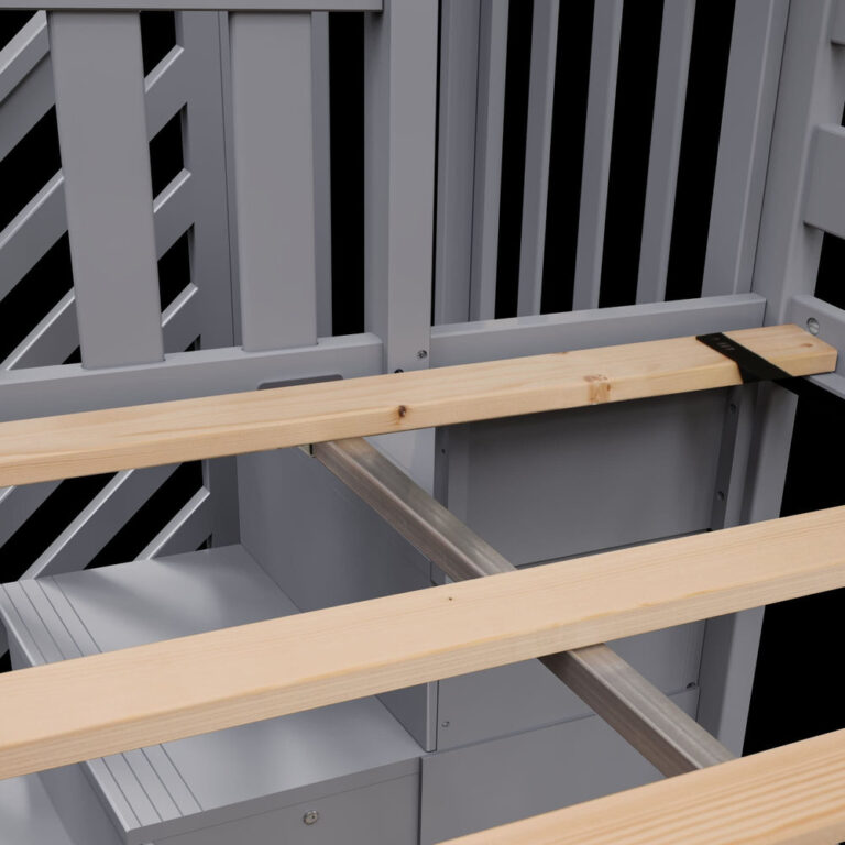Max And Lily Twin Over Twin Low Bunk Bed With Staircase Curtain Grey Blue White Slat Detail Max and Lily Twin Over Twin Low Bunk Bed With Staircase & Curtain in Grey Blue/White - close-up of the wooden support slats beneath the upper bunk.