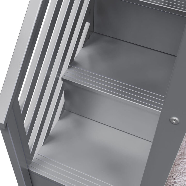 Max And Lily Twin Over Twin Low Bunk Bed With Staircase Curtain Grey Blue White Staircase Detail Max and Lily Twin Over Twin Low Bunk Bed With Staircase & Curtain in Grey Blue/White - close-up of the grey staircase steps.