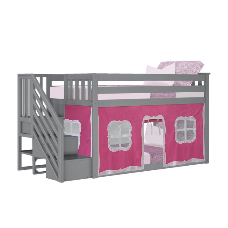 Max And Lily Twin Over Twin Low Bunk Bed With Staircase Curtain Grey Pink White Angle View Max and Lily Twin Over Twin Low Bunk Bed With Staircase & Curtain in Grey Pink/White - three-quarter angle view of the low bunk bed with the pink playhouse curtain and staircase with storage steps.