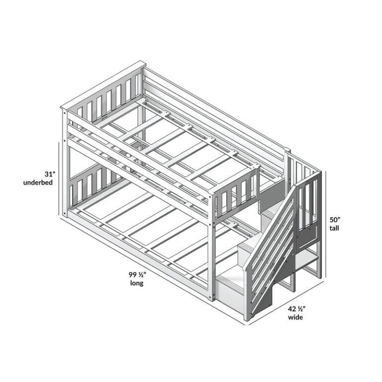 Max And Lily Twin Over Twin Low Bunk Bed With Staircase Curtain Grey Pink White Dimensions Diagram Max and Lily Twin Over Twin Low Bunk Bed With Staircase & Curtain in Grey Pink/White - dimensions diagram showing 31 inch underbed clearance, 50 inch height, 99 1/2 inch length, and 42 1/2 inch width.
