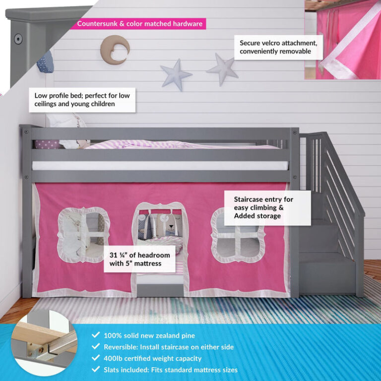 Max And Lily Twin Over Twin Low Bunk Bed With Staircase Curtain Grey Pink White Features Overview Max and Lily Twin Over Twin Low Bunk Bed With Staircase & Curtain in Grey Pink/White - annotated features showing countersunk hardware, removable velcro curtain, low-profile design, staircase entry, headroom, and 400 lb weight capacity.