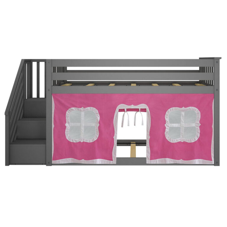 Max And Lily Twin Over Twin Low Bunk Bed With Staircase Curtain Grey Pink White Front View Max and Lily Twin Over Twin Low Bunk Bed With Staircase & Curtain in Grey Pink/White - front view of the low bunk bed with the pink playhouse curtain and staircase.