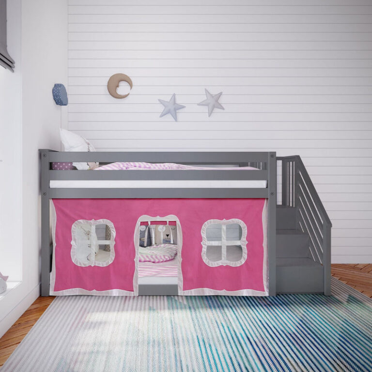 Max And Lily Twin Over Twin Low Bunk Bed With Staircase Curtain Grey Pink White Room Scene Max and Lily Twin Over Twin Low Bunk Bed With Staircase & Curtain in Grey Pink/White - styled in a child's bedroom with the pink playhouse curtain, staircase entry, and top guardrail.