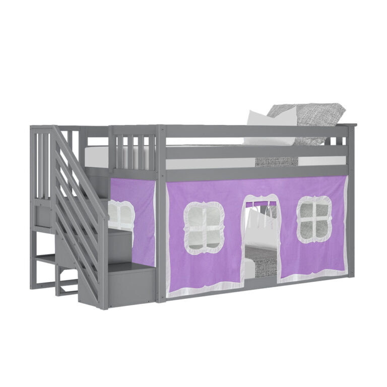 Max And Lily Twin Over Twin Low Bunk Bed With Staircase Curtain Grey Purple White Angle View Max and Lily Twin Over Twin Low Bunk Bed With Staircase & Curtain in Grey Purple/White - angled view of the low bunk bed showing the grey staircase with storage steps and the purple window-print curtain enclosing the lower bunk.