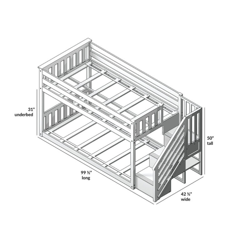 Max And Lily Twin Over Twin Low Bunk Bed With Staircase Curtain Grey Purple White Dimensions Diagram Max and Lily Twin Over Twin Low Bunk Bed With Staircase & Curtain in Grey Purple/White - line-drawing dimensions diagram showing underbed clearance, overall length, width, and height measurements.