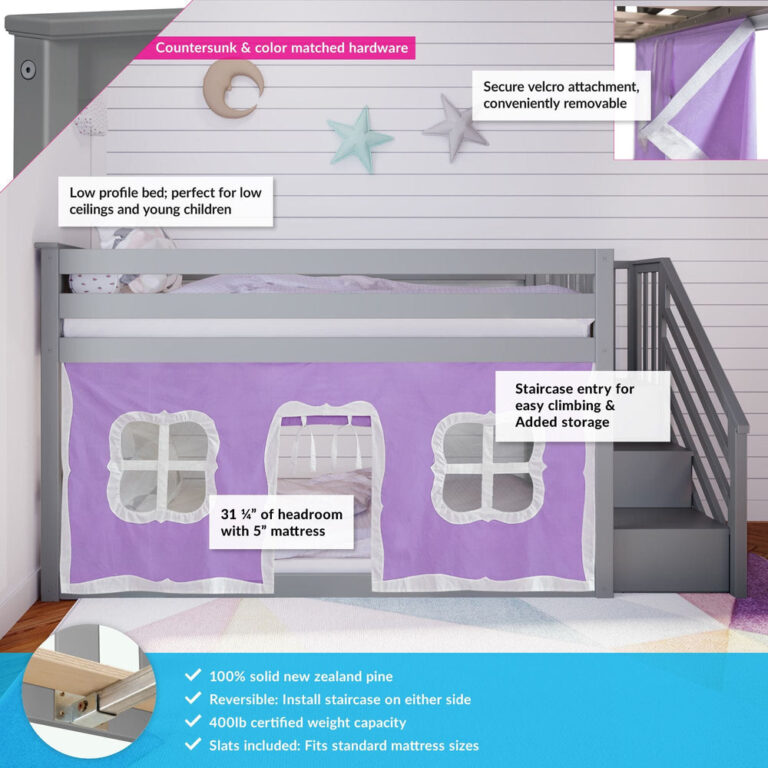 Max And Lily Twin Over Twin Low Bunk Bed With Staircase Curtain Grey Purple White Features Callout Max and Lily Twin Over Twin Low Bunk Bed With Staircase & Curtain in Grey Purple/White - annotated feature diagram noting countersunk color-matched hardware, removable velcro curtain, low profile design, staircase entry with storage, headroom clearance, solid pine build, and 400 lb weight capacity.