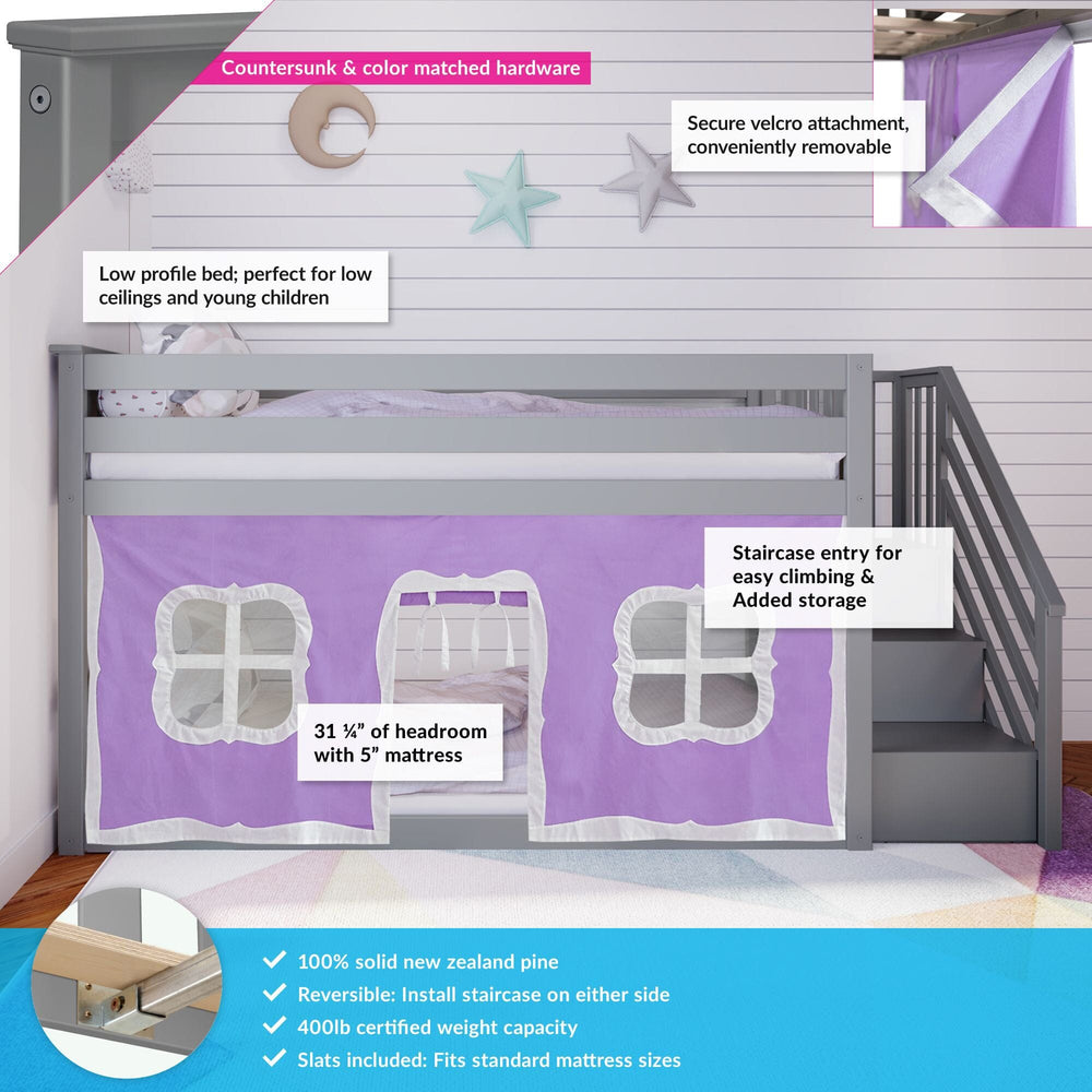 Max and Lily Twin Over Twin Low Bunk Bed With Staircase & Curtain in Grey Purple/White - annotated feature diagram noting countersunk color-matched hardware, removable velcro curtain, low profile design, staircase entry with storage, headroom clearance, solid pine build, and 400 lb weight capacity.