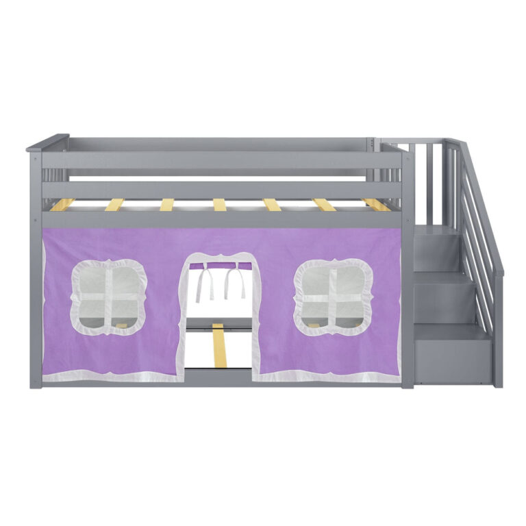 Max And Lily Twin Over Twin Low Bunk Bed With Staircase Curtain Grey Purple White Front View Max and Lily Twin Over Twin Low Bunk Bed With Staircase & Curtain in Grey Purple/White - front view of the low bunk bed with safety guardrails, purple playhouse curtain over the lower bunk, and staircase on the right.