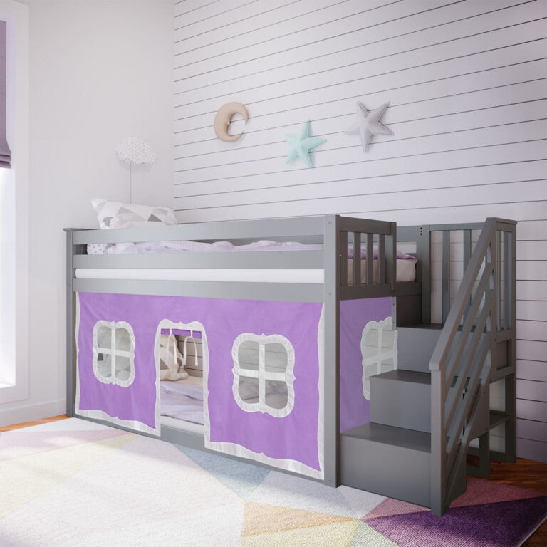 Max And Lily Twin Over Twin Low Bunk Bed With Staircase Curtain Grey Purple White Room Scene Max and Lily Twin Over Twin Low Bunk Bed With Staircase & Curtain in Grey Purple/White - styled kids' bedroom showing the low bunk bed with a purple playhouse tent curtain and grey staircase beside a star-decorated wall.