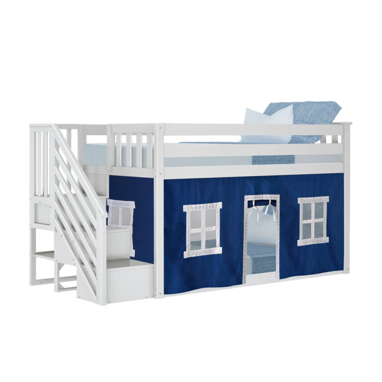 Max And Lily Twin Over Twin Low Bunk Bed With Staircase Curtain White Blue White Angle View Max and Lily Twin Over Twin Low Bunk Bed With Staircase & Curtain in White Blue/White - angled view of the bunk bed with the blue window curtain and storage staircase