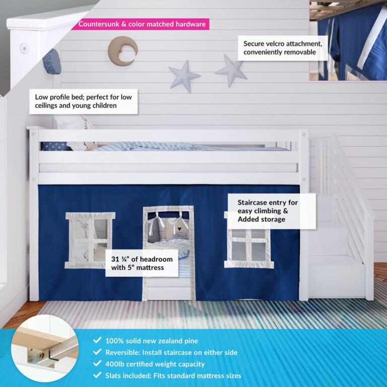Max And Lily Twin Over Twin Low Bunk Bed With Staircase Curtain White Blue White Features Diagram Max and Lily Twin Over Twin Low Bunk Bed With Staircase & Curtain in White Blue/White - annotated features showing the low profile design, staircase entry with added storage, removable velcro play curtain and 400lb weight capacity