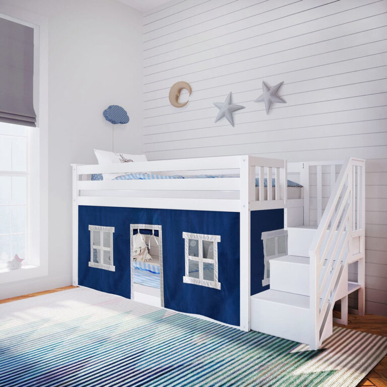 Max And Lily Twin Over Twin Low Bunk Bed With Staircase Curtain White Blue White Room Scene Max and Lily Twin Over Twin Low Bunk Bed With Staircase & Curtain in White Blue/White - low bunk bed with a blue window play curtain and storage staircase in a decorated child's bedroom