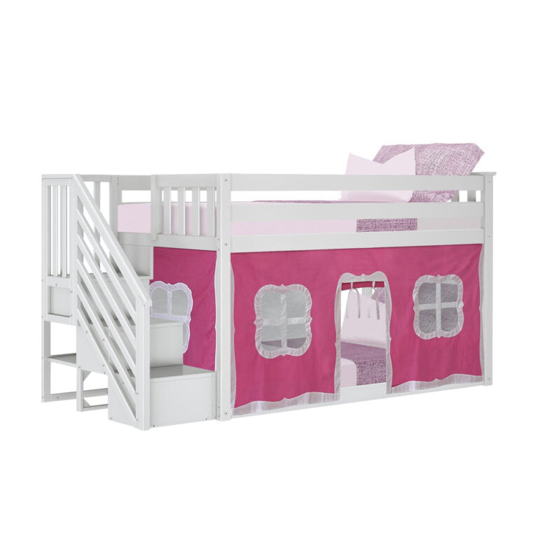 Max And Lily Twin Over Twin Low Bunk Bed With Staircase Curtain White Pink White Angle View Max and Lily Twin Over Twin Low Bunk Bed With Staircase & Curtain in White Pink/White - angled studio view of the low bunk bed with a pink window playhouse curtain and staircase.