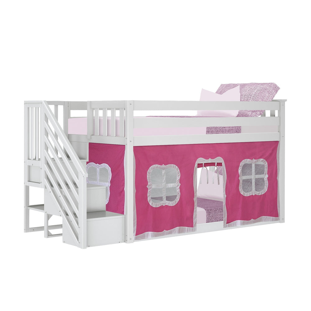 Max and Lily Twin Over Twin Low Bunk Bed With Staircase & Curtain in White Pink/White - angled studio view of the low bunk bed with a pink window playhouse curtain and staircase.