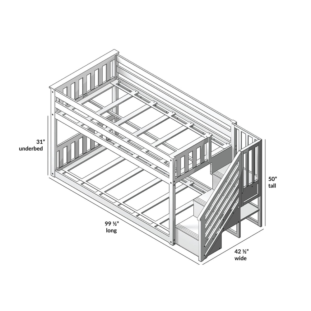 Max and Lily Twin Over Twin Low Bunk Bed With Staircase & Curtain in White Pink/White - dimensions diagram showing overall length, width, height, and under-bed clearance.
