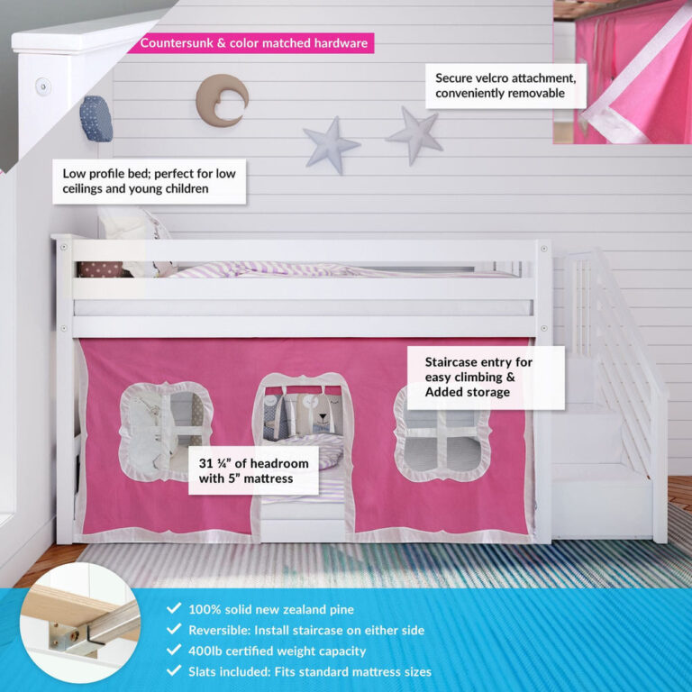Max And Lily Twin Over Twin Low Bunk Bed With Staircase Curtain White Pink White Features Diagram Max and Lily Twin Over Twin Low Bunk Bed With Staircase & Curtain in White Pink/White - annotated features showing countersunk hardware, removable velcro curtain, reversible staircase with storage, low-profile headroom, and solid pine construction.
