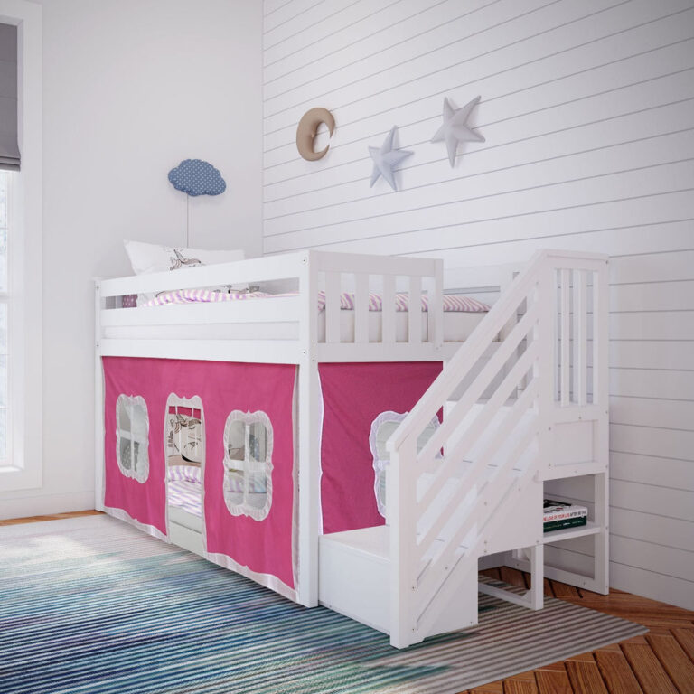 Max And Lily Twin Over Twin Low Bunk Bed With Staircase Curtain White Pink White Room Scene Max and Lily Twin Over Twin Low Bunk Bed With Staircase & Curtain in White Pink/White - styled in a child's bedroom with a pink playhouse window curtain, staircase entry, and star wall decor.