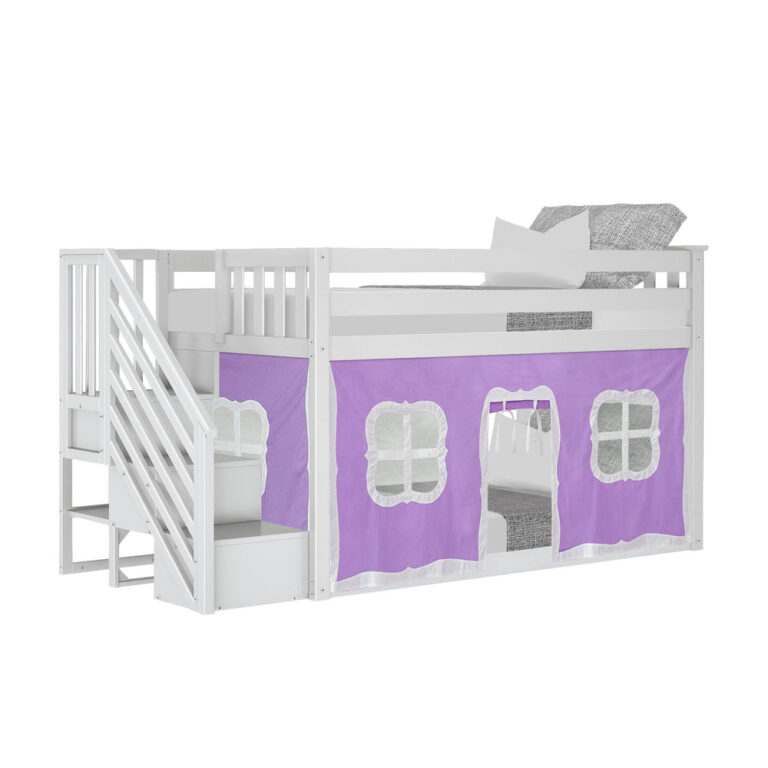 Max And Lily Twin Over Twin Low Bunk Bed With Staircase Curtain White Purple White Angle View Max and Lily Twin Over Twin Low Bunk Bed With Staircase & Curtain in White Purple/White - angled product view showing the staircase, purple window curtains and low bunk frame.