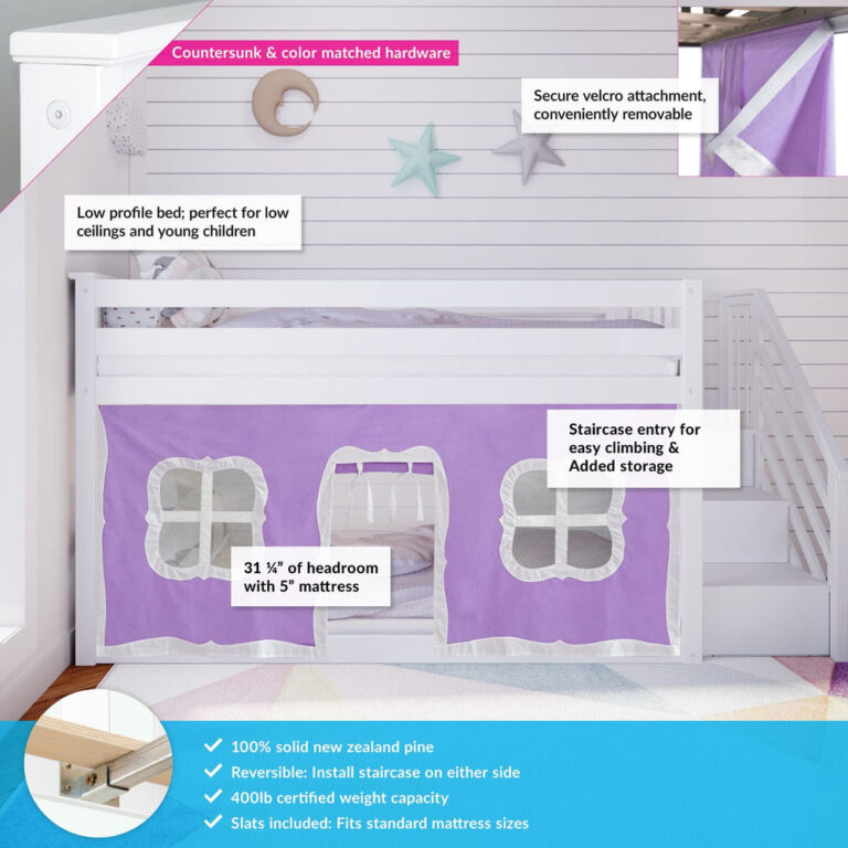 Max And Lily Twin Over Twin Low Bunk Bed With Staircase Curtain White Purple White Features Diagram Max and Lily Twin Over Twin Low Bunk Bed With Staircase & Curtain in White Purple/White - features diagram noting solid pine construction, weight capacity, staircase entry and removable curtains.