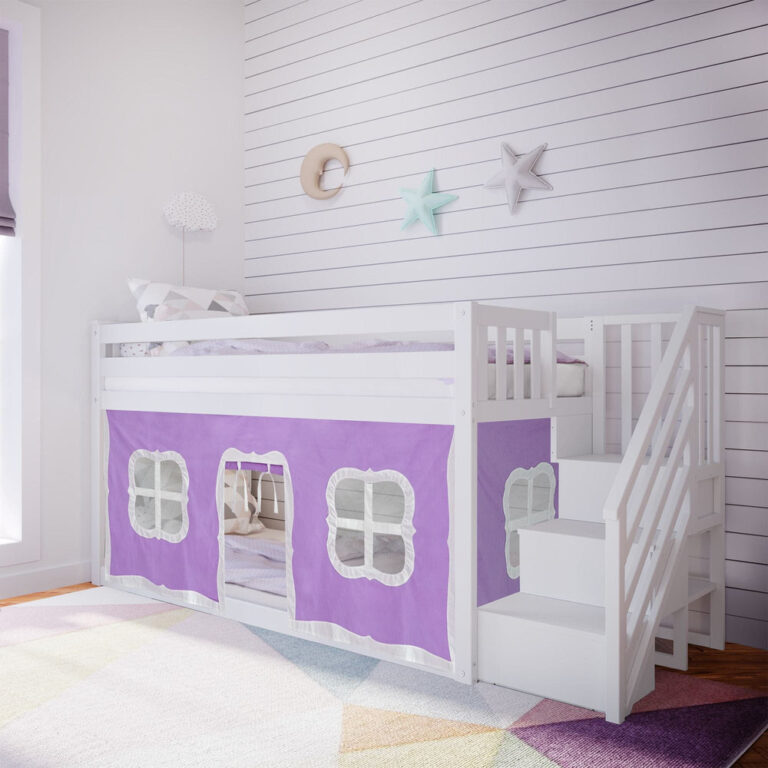 Max And Lily Twin Over Twin Low Bunk Bed With Staircase Curtain White Purple White Room Scene Max and Lily Twin Over Twin Low Bunk Bed With Staircase & Curtain in White Purple/White - styled in a child's bedroom with purple play curtains and a white staircase with storage.
