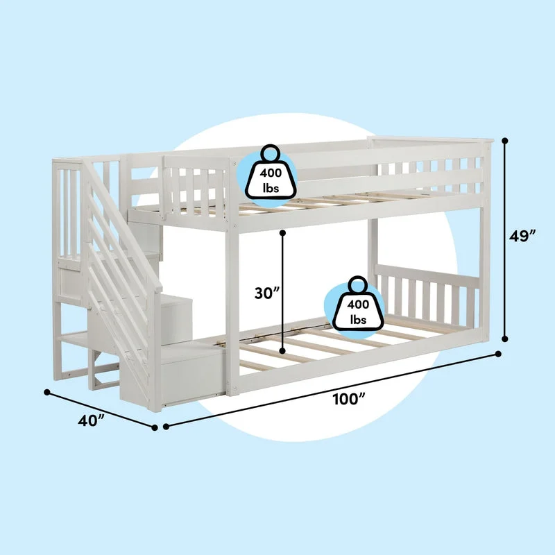 Max And Lily Twin Over Twin Low Bunk Bed With Staircase in White - dimensions diagram showing overall length, width, height, clearance between bunks, and weight capacity per bed with the built-in staircase and safety guardrails.