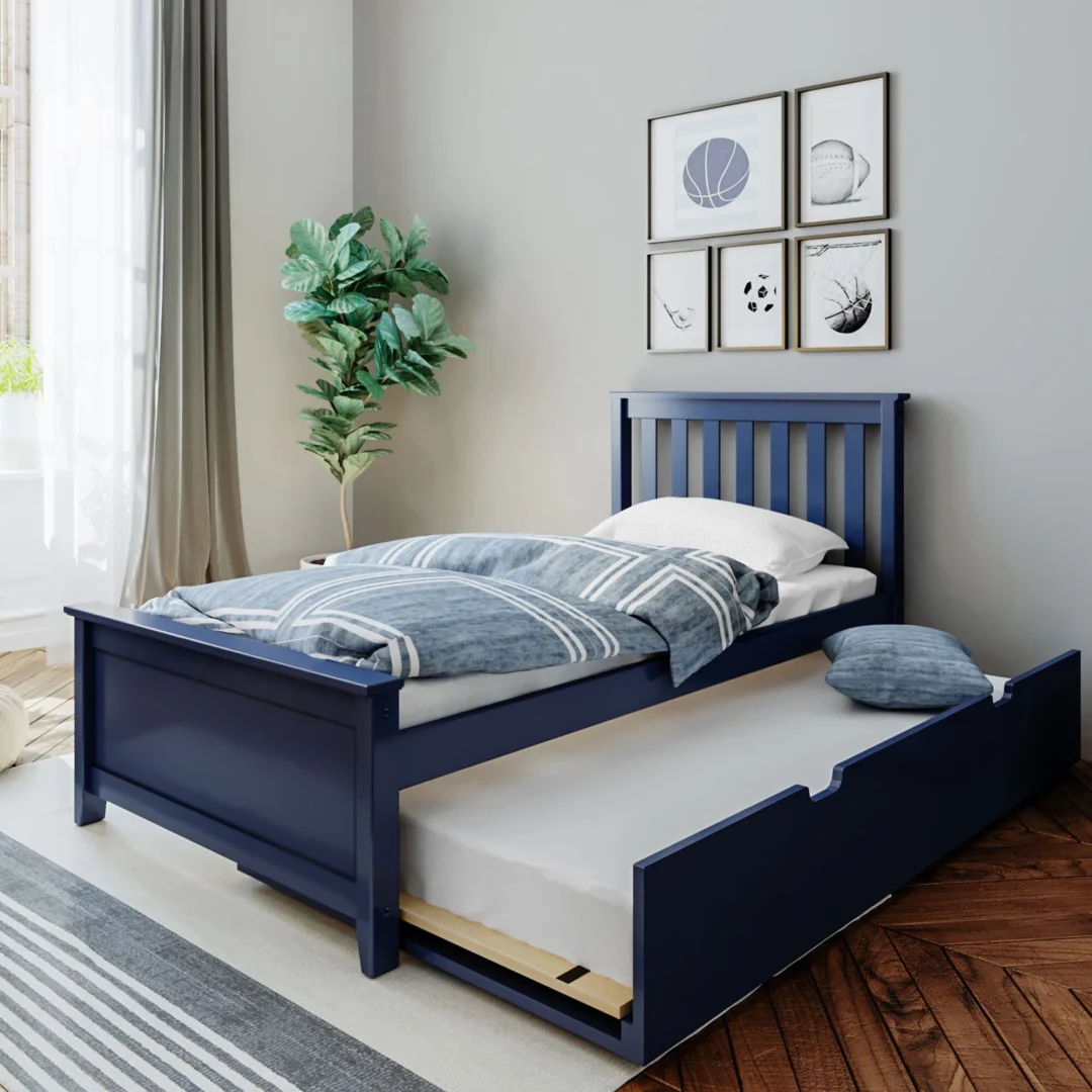 Max And Lily Twin Platform Bed With Trundle Blue Room Scene Max and Lily Twin Platform Bed With Trundle in Blue - styled in a kids bedroom with the trundle pulled out, slat headboard and sports-themed wall art