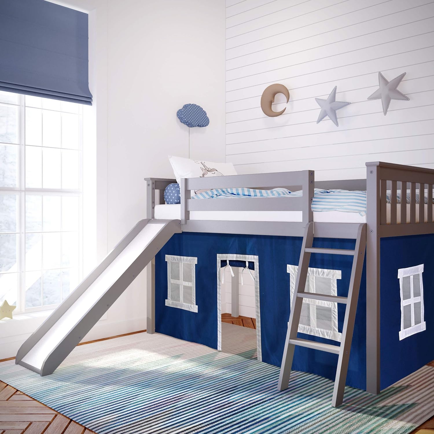 Max and Lily Twin-Size Low Loft Bed With Slide And Curtain in Blue/Grey - room scene showing the grey bed with slide, ladder, and blue play tent in a child's bedroom.