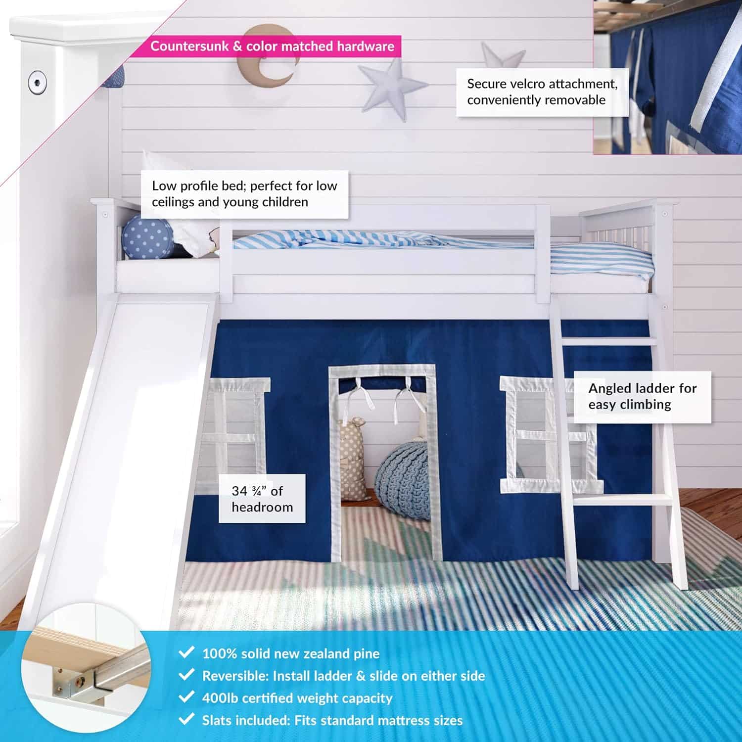 Max and Lily Twin-Size Low Loft Bed With Slide And Curtain - feature diagram noting the low-profile design, 34 3/4 inch headroom, angled ladder for easy climbing, velcro-attached curtain, and 400 lb weight capacity.