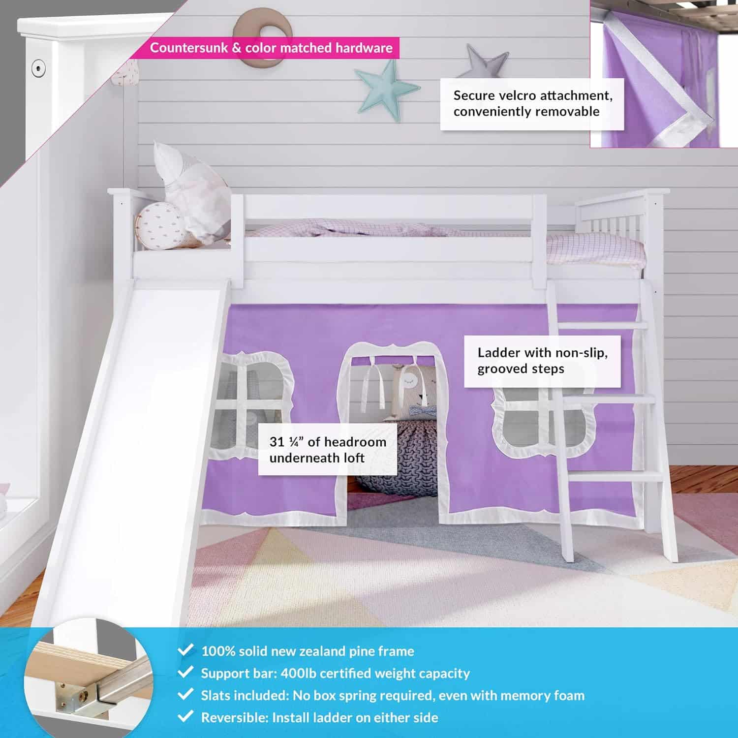 Max and Lily Twin-Size Low Loft Bed With Slide And Curtain - feature diagram noting 31 1/4 inch headroom underneath the loft, non-slip grooved ladder steps, velcro curtain attachment, and 400 lb support bar.
