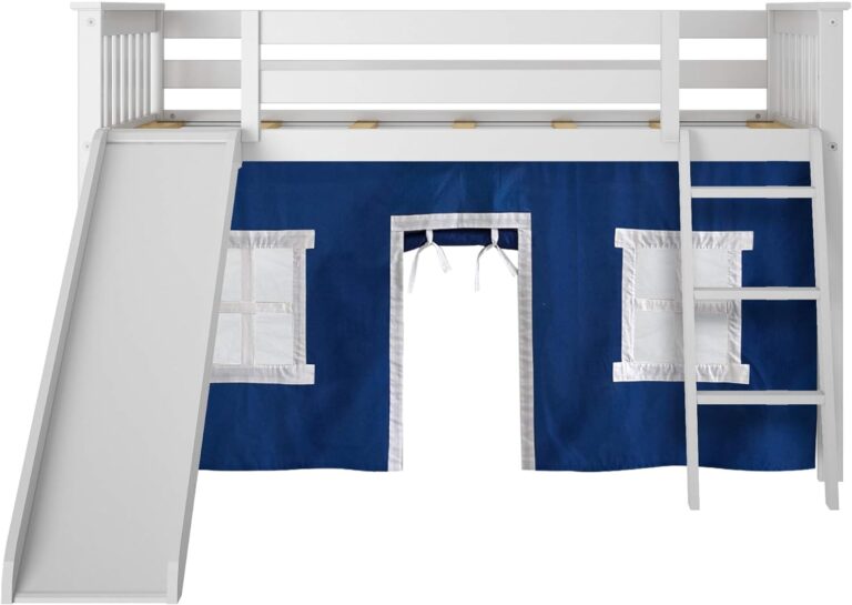 Max and Lily Twin-Size Low Loft Bed With Slide And Curtain - front view showing the white frame, attached slide, angled ladder, and play tent with window cutouts and a curtained doorway.