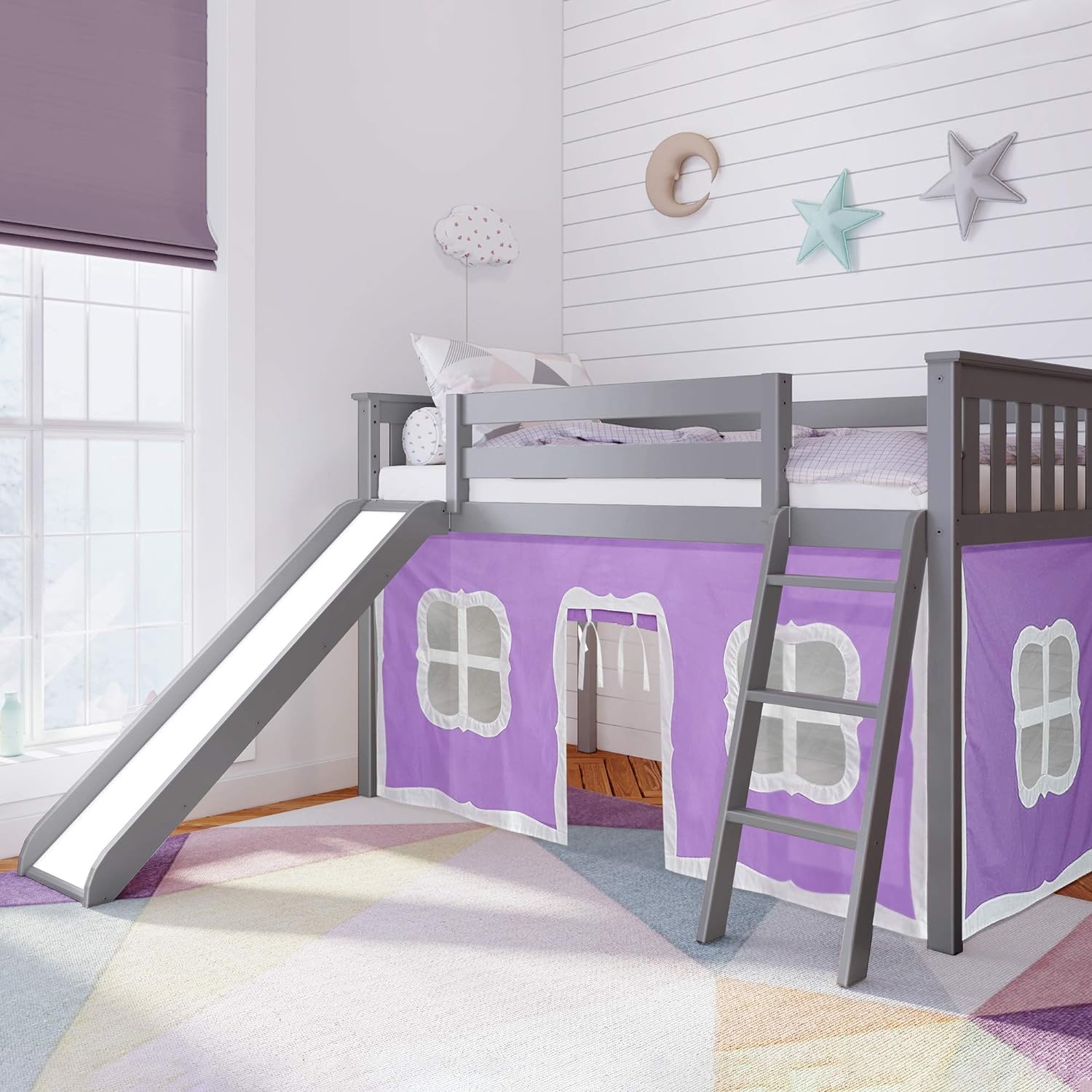 Max and Lily Twin-Size Low Loft Bed With Slide And Curtain in Purple/Grey - room scene showing the grey bed with slide, ladder, and purple play tent in a child's bedroom.