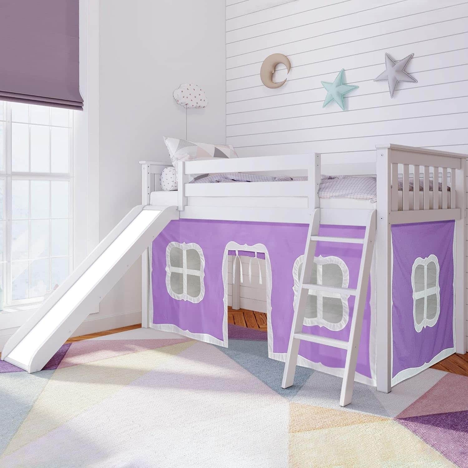 Max and Lily Twin-Size Low Loft Bed With Slide And Curtain in Purple/White - room scene showing the white bed with slide, ladder, and purple play tent in a child's bedroom.
