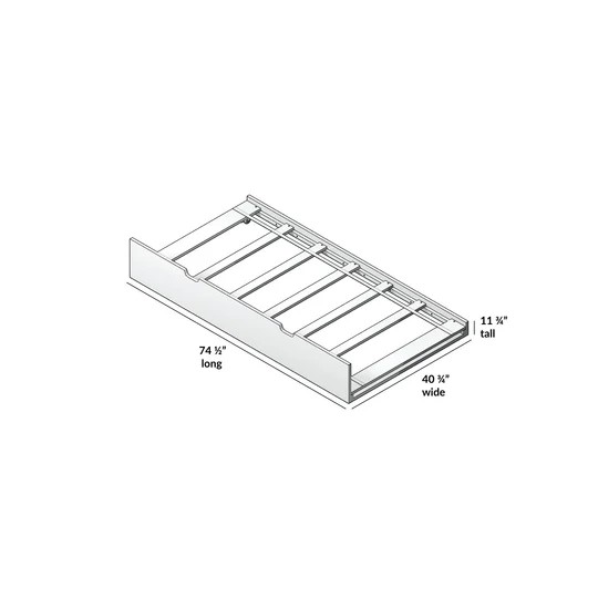 Max And Lily Twin Size Trundle Bed in White - dimensions diagram showing the trundle frame at 74 1/2 inches long, 40 3/4 inches wide, and 11 3/4 inches tall