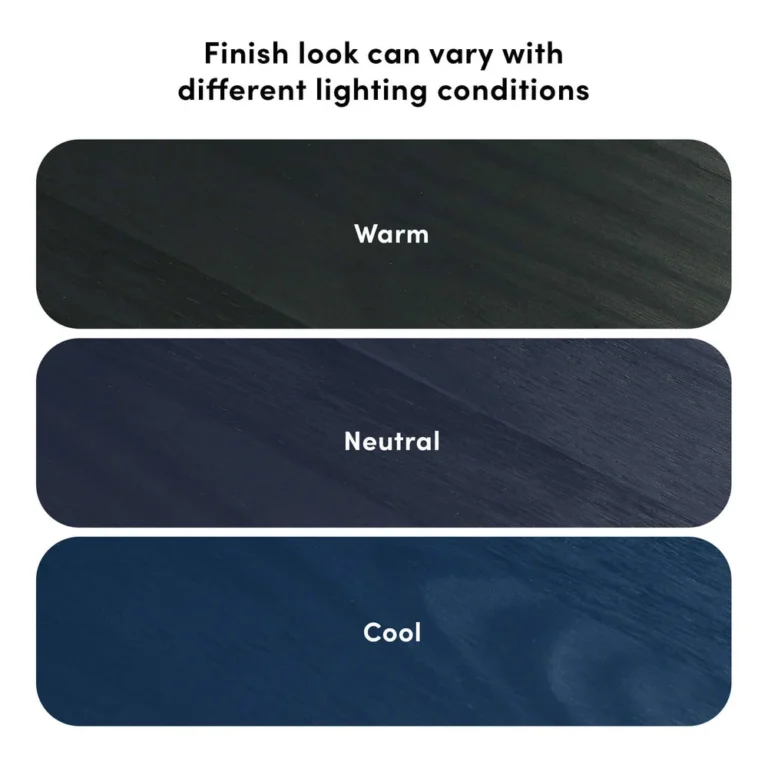 Max and Lily Writing Desk in Blue - finish comparison showing how the wood finish appears under warm, neutral and cool lighting conditions.