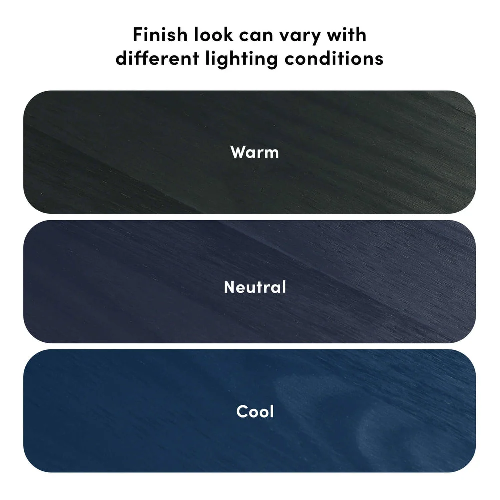 Max and Lily Writing Desk in Blue - finish comparison showing how the wood finish appears under warm, neutral and cool lighting conditions.