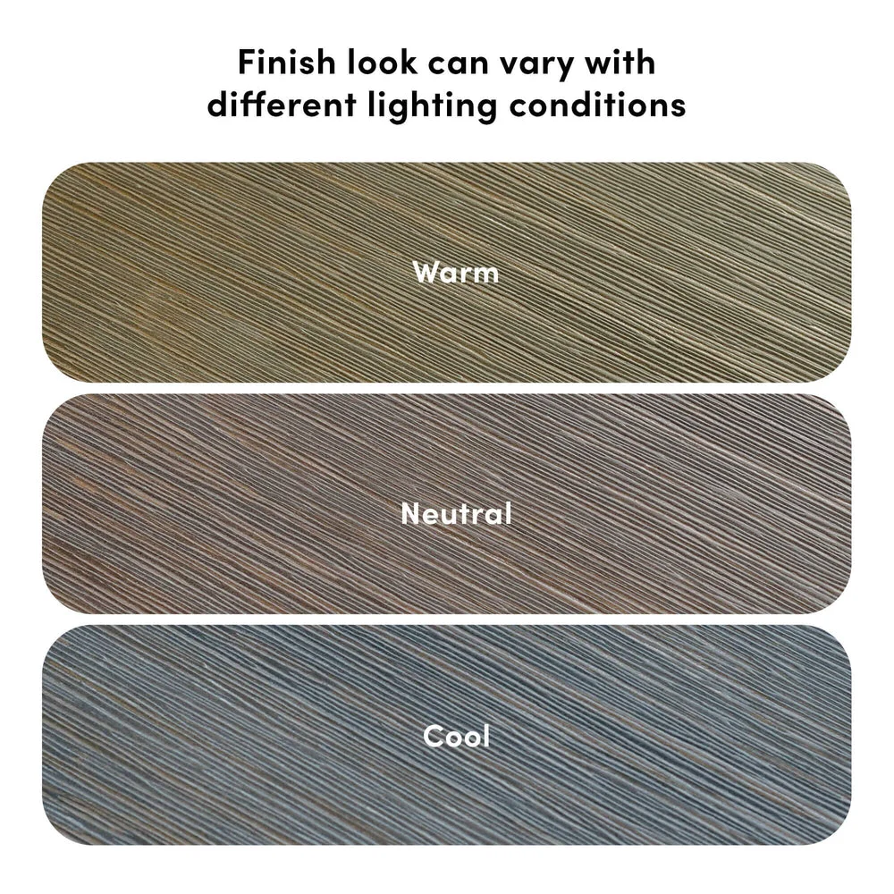 Max and Lily Writing Desk in Clay - finish swatches showing how the wood grain looks under warm, neutral, and cool lighting conditions.