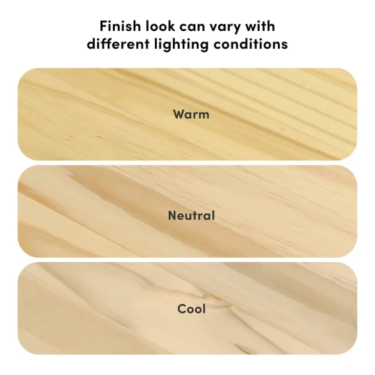 Max and Lily Writing Desk in Natural - finish comparison showing how the natural wood looks under warm, neutral, and cool lighting