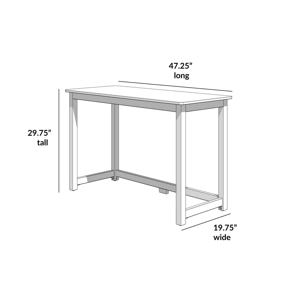 Max and Lily Writing Desk in White - line drawing showing dimensions of 47.25 inches long, 29.75 inches tall and 19.75 inches wide