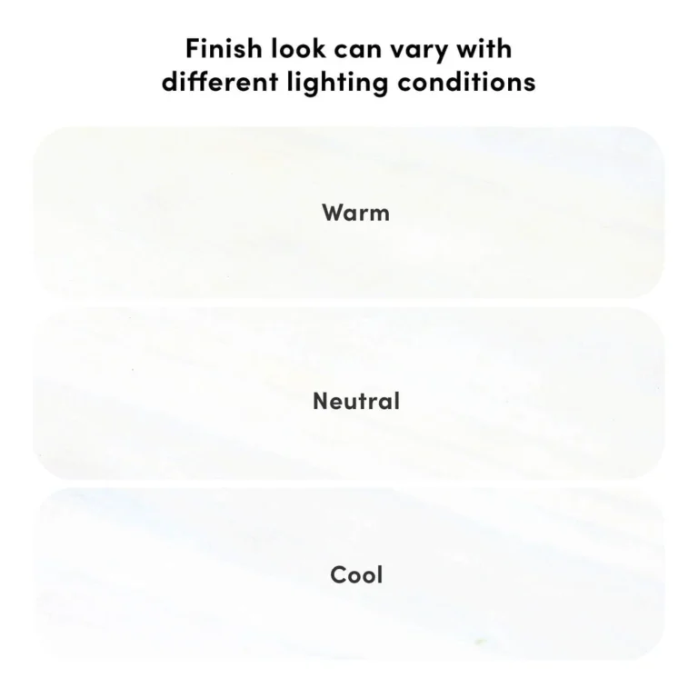 Max and Lily Writing Desk in White - finish comparison chart showing how the white finish looks warm, neutral and cool under different lighting conditions