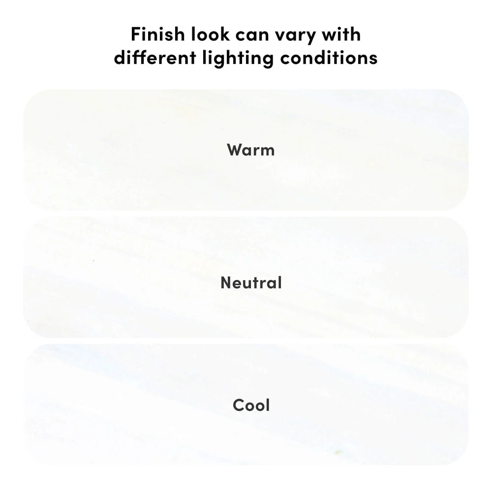 Max and Lily Writing Desk in White - finish comparison chart showing how the white finish looks warm, neutral and cool under different lighting conditions