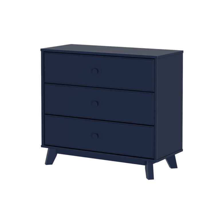 Max Lily Classic 3 Drawer Dresser Blue Angle View Max & Lily Classic 3 Drawer Dresser in Blue - three-quarter angle view on a white background showing the three drawers and splayed angled legs.