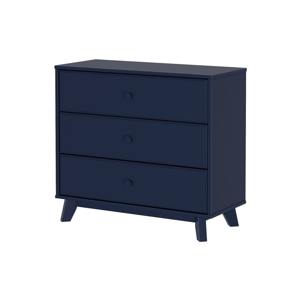 Max & Lily Classic 3 Drawer Dresser in Blue - three-quarter angle view on a white background showing the three drawers and splayed angled legs.